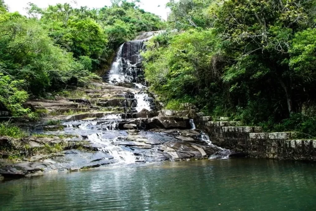 Cachoeira serena com águas cristalinas descendo por rochas escuras em meio à vegetação verde exuberante na Costa da Lagoa, Florianópolis.