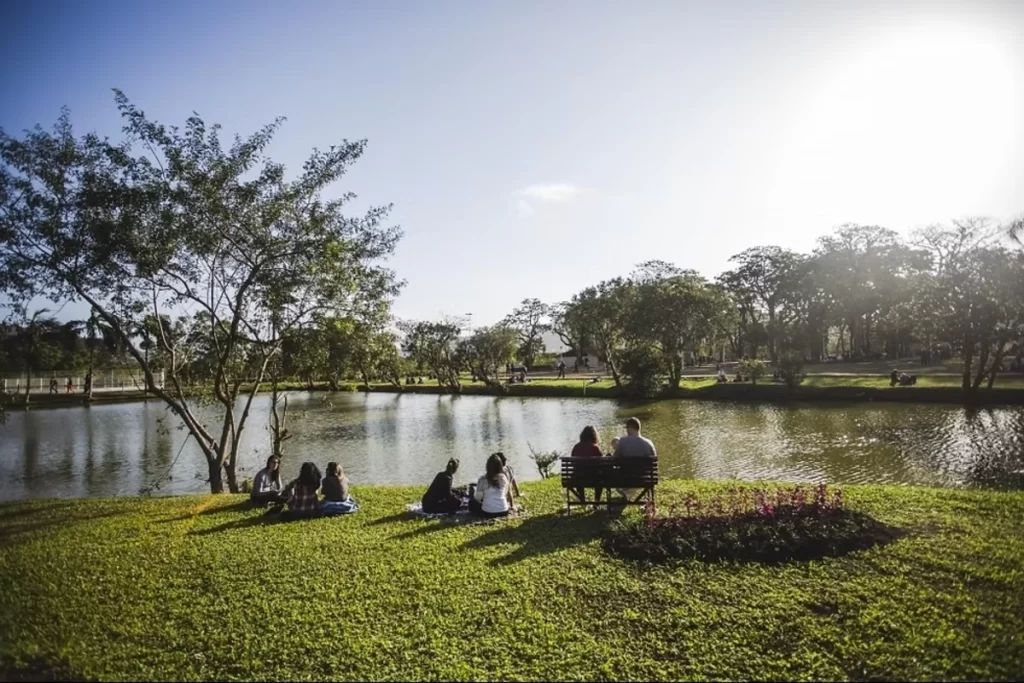 Grupo de pessoas relaxando à beira do lago no Jardim Botânico de Florianópolis, com árvores verdes e céu azul. Ideal para lazer e contato com a natureza em Santa Catarina.