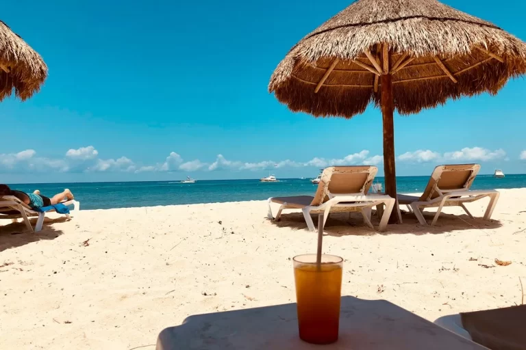 Vista panorâmica de uma piscina infinita azul-turquesa de frente para o oceano em um resort como Jurerê Beach Village. Hóspedes relaxam em espreguiçadeiras de madeira no deck, cercados por coqueiros e vegetação exuberante, com o mar calmo ao fundo sob um céu claro.