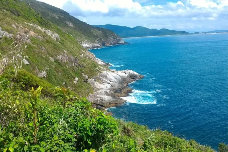 Vista costeira da Praia Lagoinha do Leste, Florianópolis, com morros verdes, falésias rochosas, e mar azul vibrante.