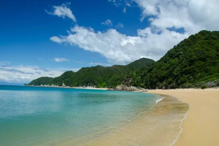 Praia de areia dourada com mar calmo e montanhas verdes, ideal para paisagens naturais de praias paradisíacas.