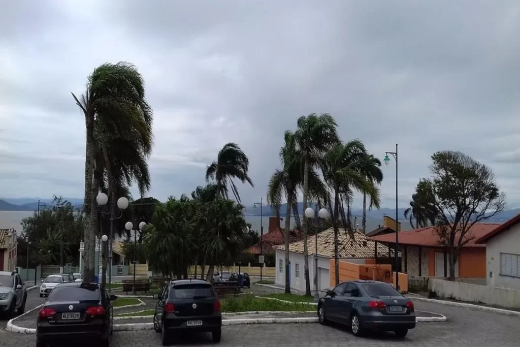 Vista panorâmica da praça principal do Ribeirão da Ilha, com carros estacionados, palmeiras balançando ao vento e casas coloniais sob um céu nublado, com o mar ao fundo.