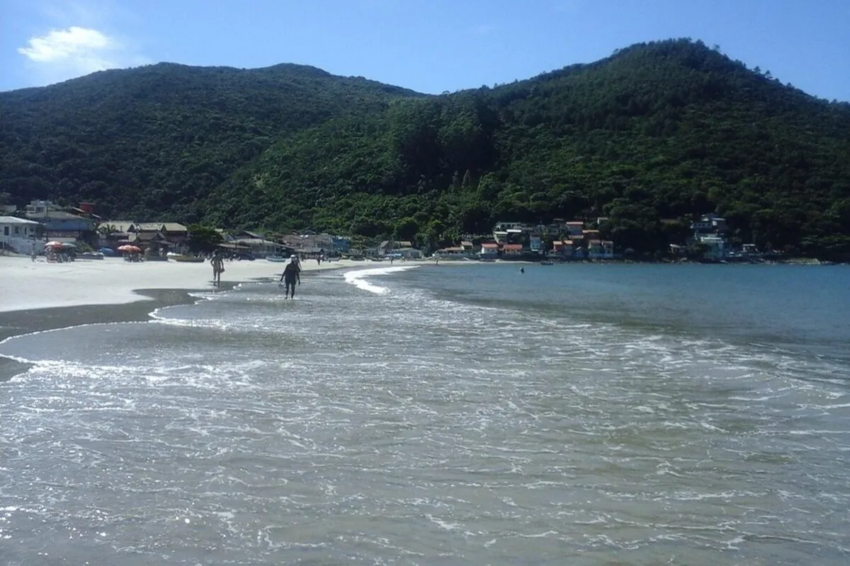 Pessoas caminhando na Praia do Pântano do Sul, com a vila de pescadores e morros da Mata Atlântica ao fundo.