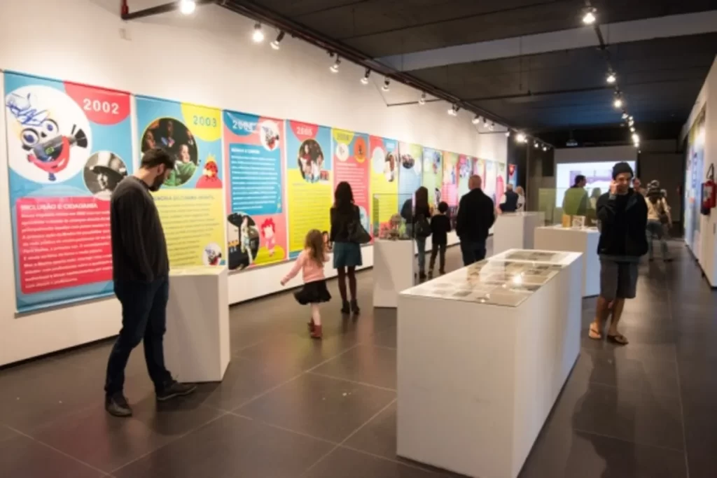 Visitantes explorando uma exposição no Museu da Imagem e do Som de Santa Catarina (MIS-SC), em Florianópolis.