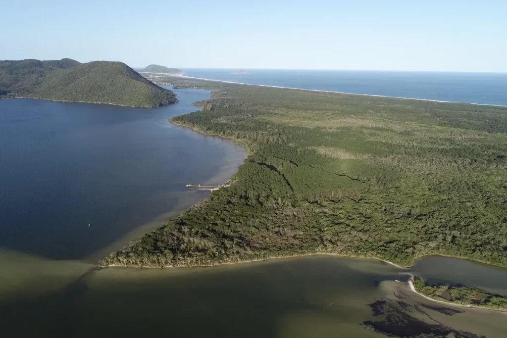 Vista aérea do Parque Estadual do Rio Vermelho, em Florianópolis, Santa Catarina, mostrando áreas de mata nativa, lagoas e o encontro com o mar, destacando a riqueza natural e a preservação ambiental do parque.