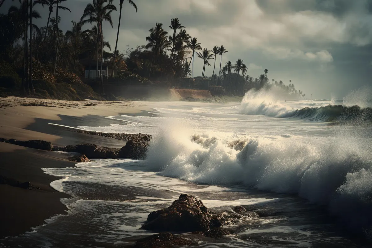 Ondas fortes quebrando na areia durante tempestade tropical em praia com coqueiros.