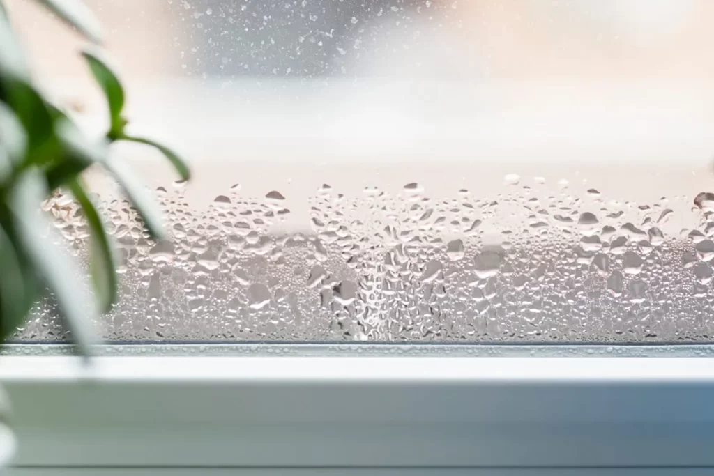 Gotas de água acumuladas em uma janela devido à alta umidade do ar e condensação.