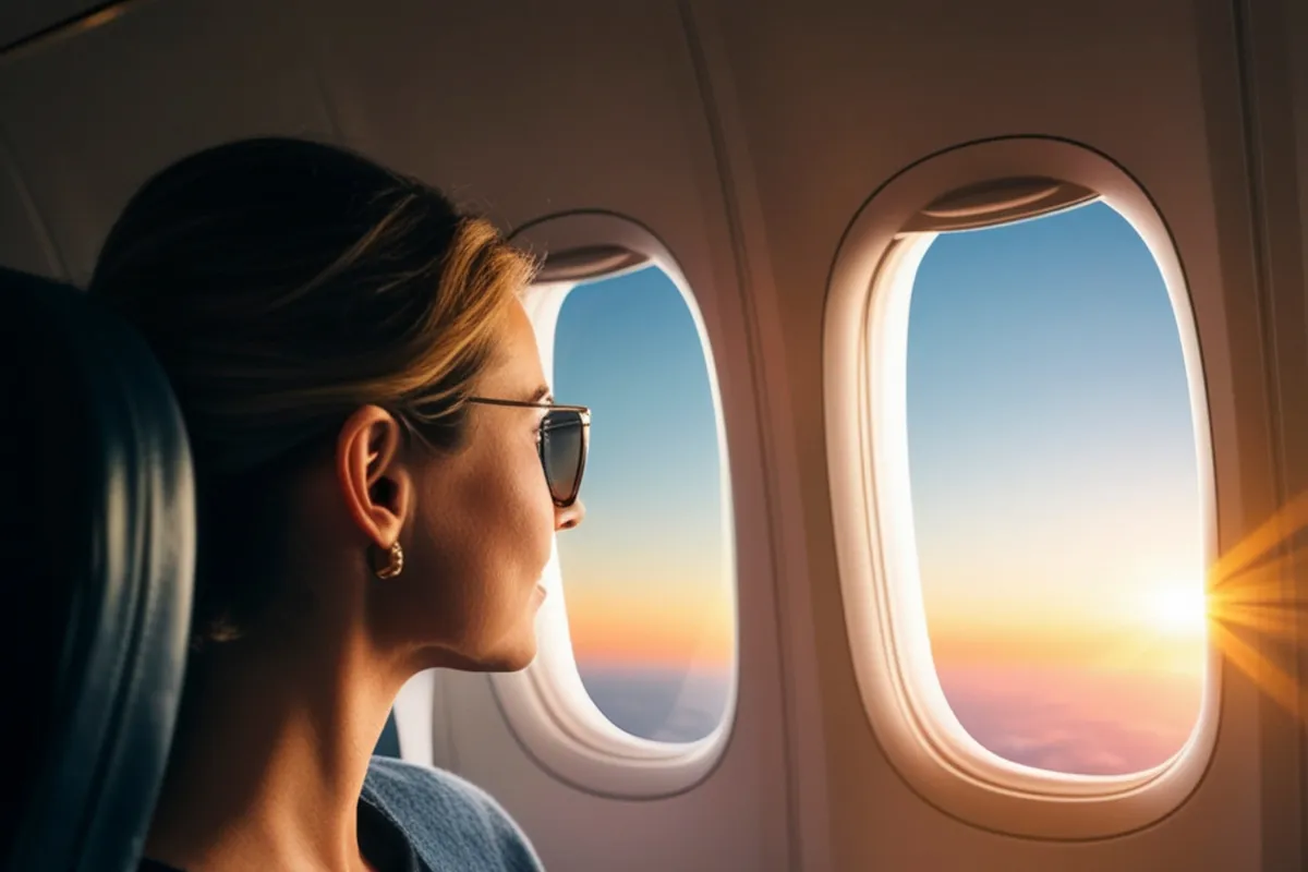 Mulher sentada ao lado da janela de um avião observando o pôr do sol durante o voo.