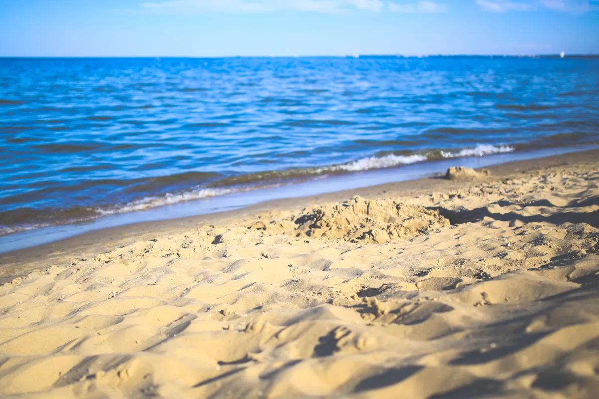Faixa de areia clara com marcas na superfície e mar azul calmo ao fundo na Praia da Solidão, em Santa Catarina.