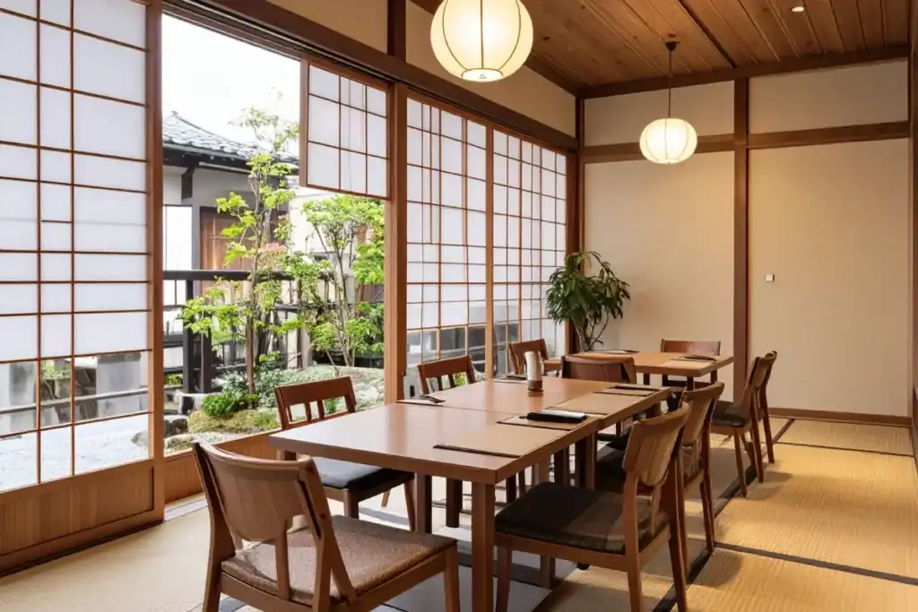 Interior de restaurante japonês com mesas de madeira e portas deslizantes em estilo tradicional