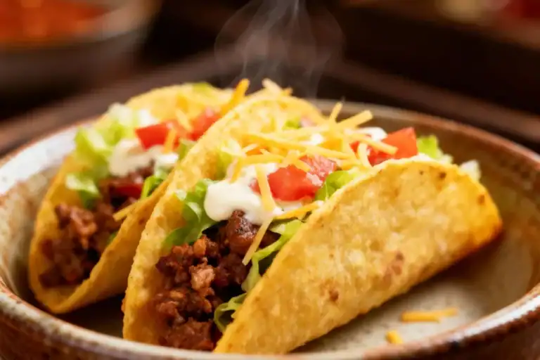 Tacos recheados com carne moída, queijo, alface e tomate servidos em prato