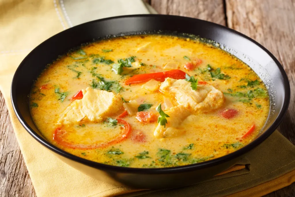 Restaurantes de comida típica em Florianópolis. Prato de ensopado de peixe com caldo cremoso, ervas e legumes servido em tigela