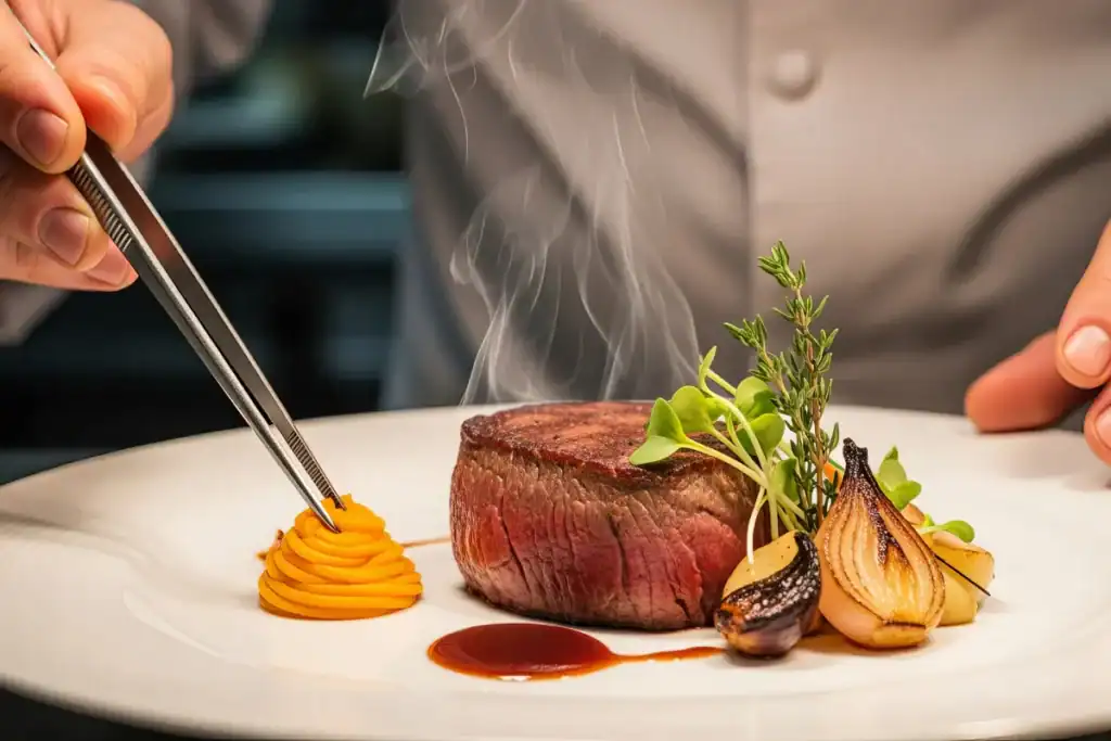 prato gourmet com carne selada, purê decorado e legumes em apresentação refinada