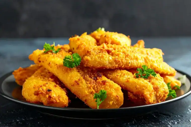 Filés de peixe empanados e fritos servidos em prato com folhas verdes