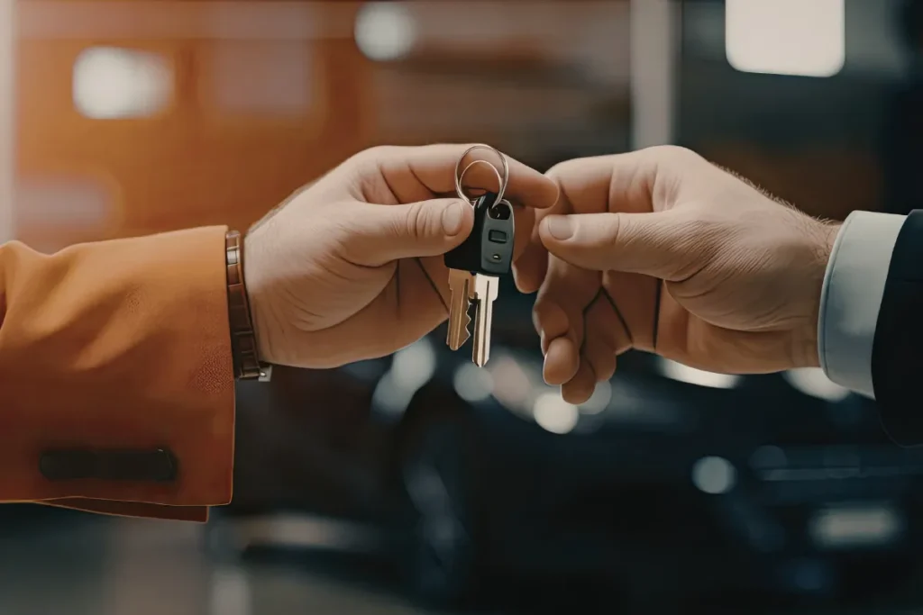 Duas pessoas trocando chave de carro em ambiente interno, representando processo de locação de veículos para turistas