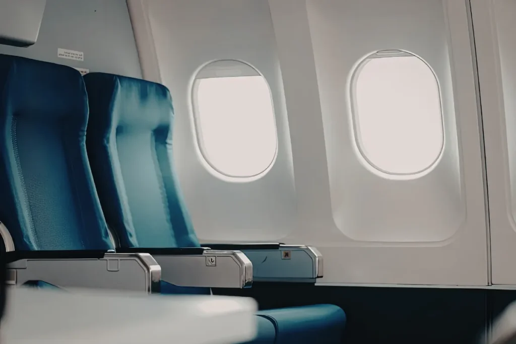 fileira de assentos vazios dentro de avião com janelas laterais, representando conforto e classes de voo para Florianópolis