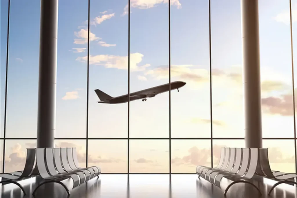 avião decolando visto de dentro de aeroporto com poltronas vazias e janelas amplas, ilustrando viagem aérea para Florianópolis