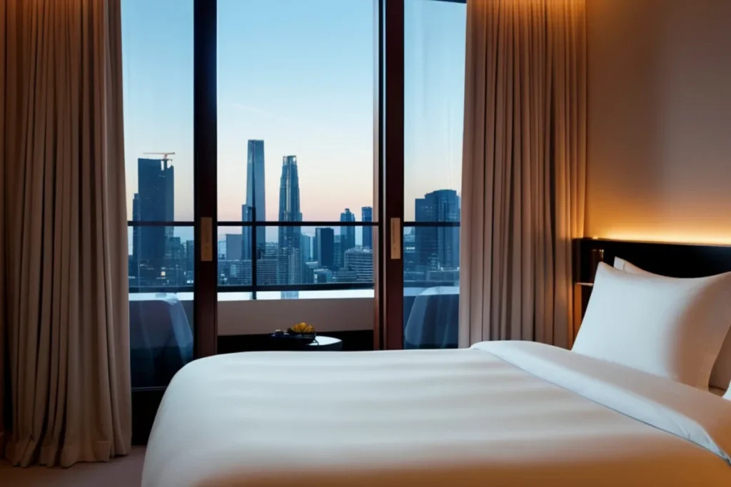 Quarto de hotel moderno com vista para prédios e skyline urbano durante o entardecer