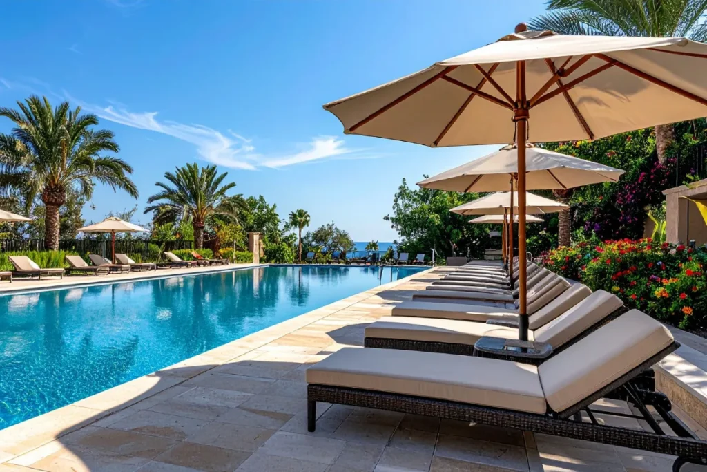 Espreguiçadeiras e ombrelones ao redor de piscina ampla em resort com paisagismo tropical sofisticado.