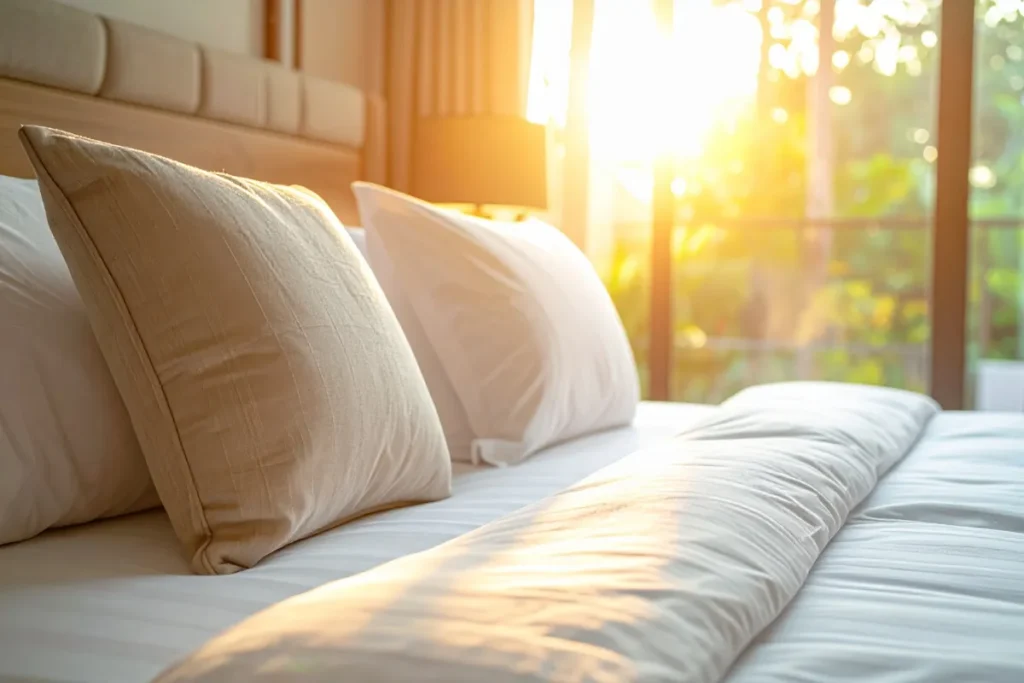 Cama iluminada pela luz natural em suíte de pousada boutique na Lagoa da Conceição em Florianópolis