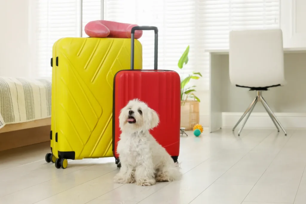 Cachorro branco ao lado de malas coloridas em quarto claro representando viagem pet friendly em Florianópolis