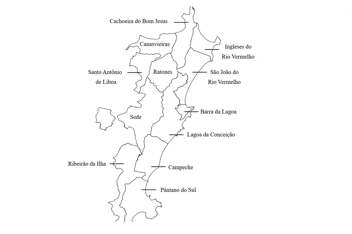 Mapa dos distritos de Florianópolis com divisão territorial da ilha e do continente