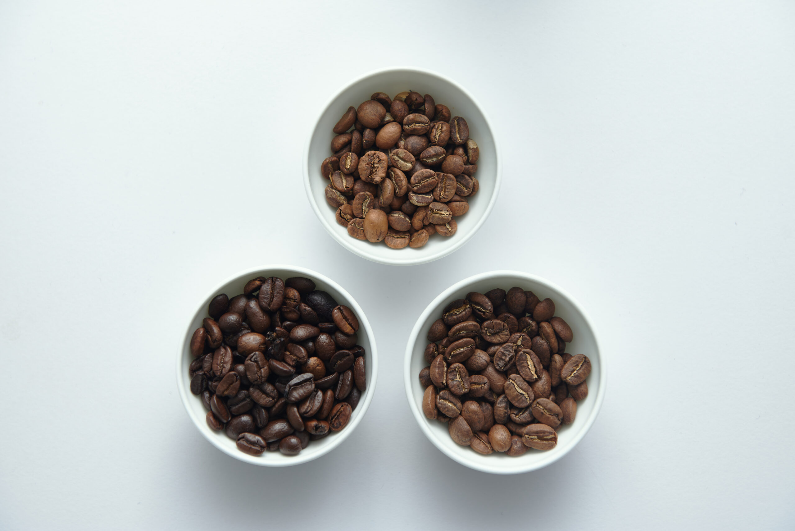 Três recipientes com grãos de café em diferentes graus de torra sobre fundo branco.