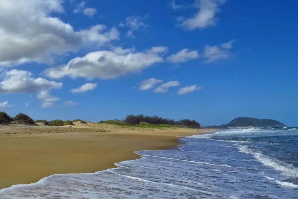 Faixa de areia e mar aberto com ondas na Praia do Moçambique, em Florianópolis.