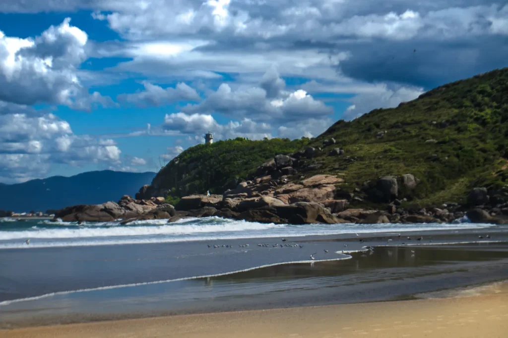 Praia de Naufragados com mar, costão rochoso e Farol de Naufragados ao fundo, em Florianópolis.