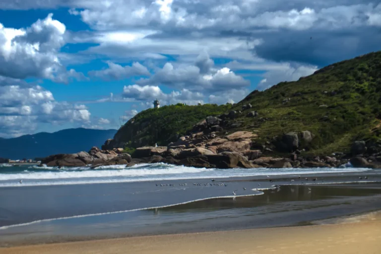 Praia de Naufragados com mar, costão rochoso e Farol de Naufragados ao fundo, em Florianópolis.