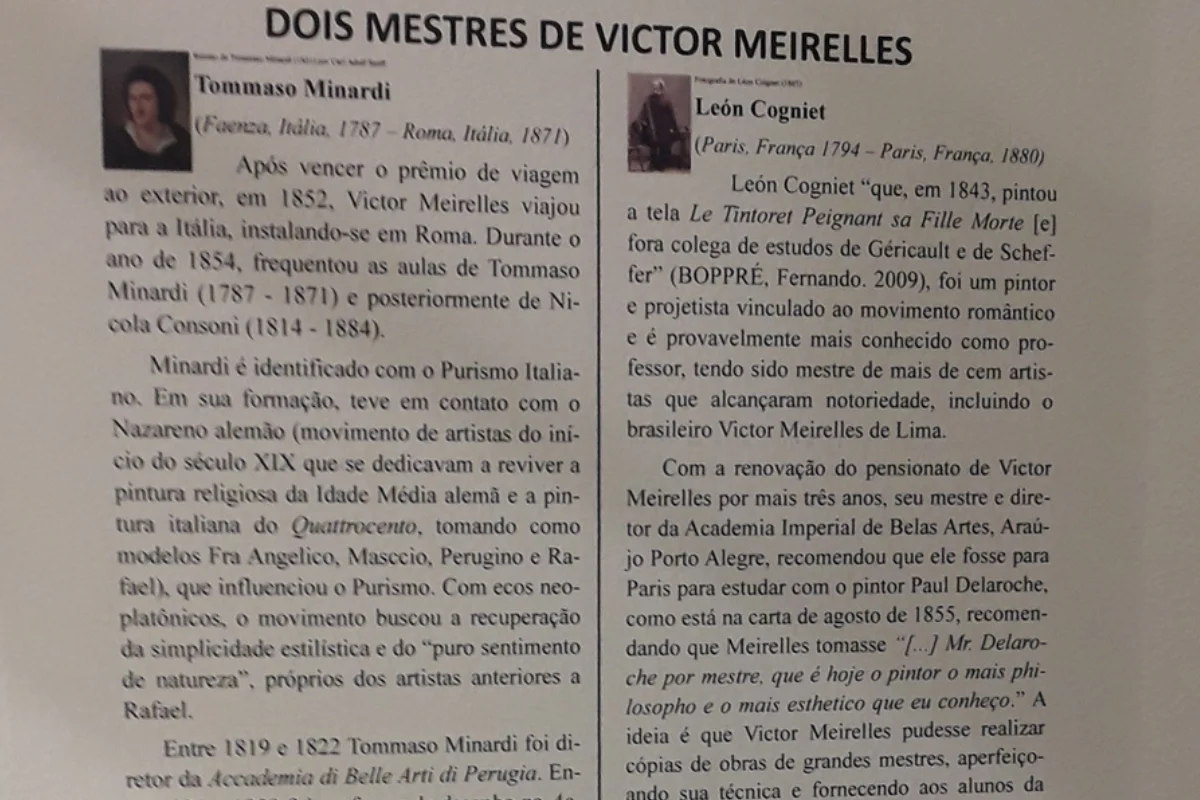 Painel do Museu Victor Meirelles com informações sobre Tommaso Minardi e Léon Cogniet, mestres do pintor.