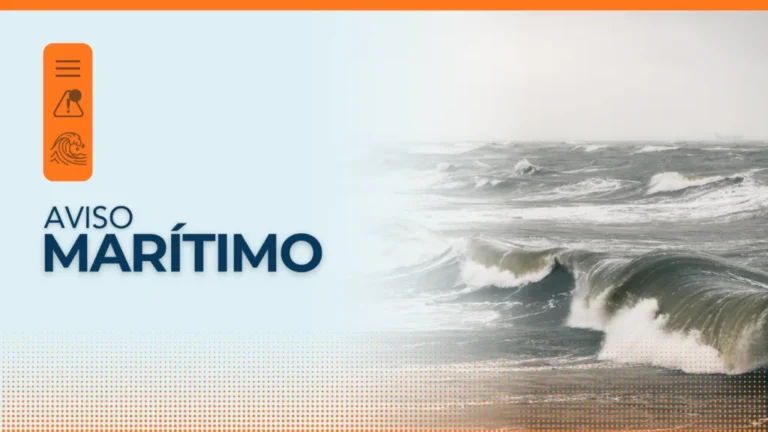 Arte de aviso marítimo da Defesa Civil de Santa Catarina com ondas fortes quebrando no mar
