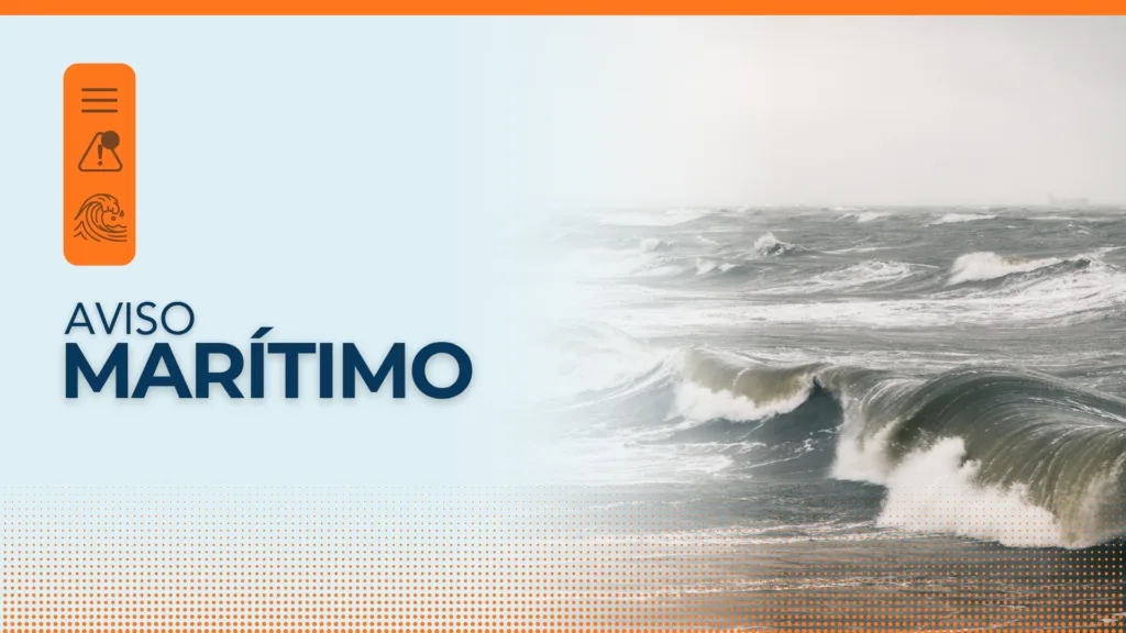 Arte de aviso marítimo da Defesa Civil de Santa Catarina com ondas fortes quebrando no mar