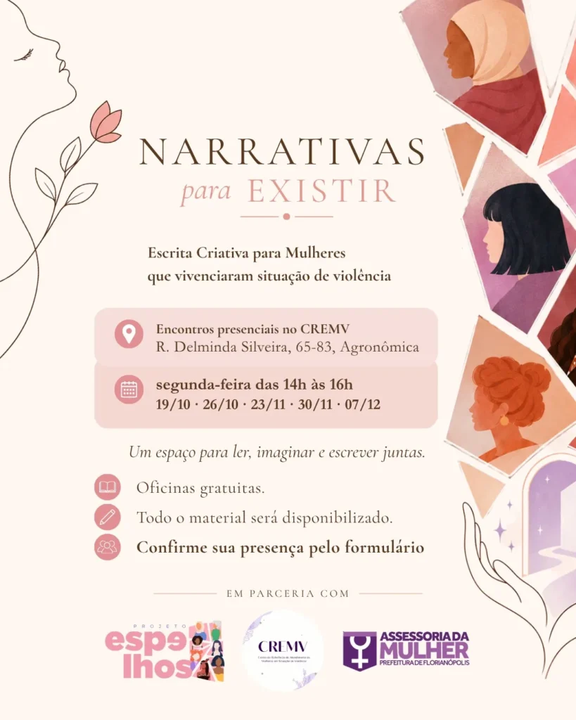 Cartaz do projeto Narrativas para Existir com as datas das oficinas de escrita criativa para mulheres no CREMV