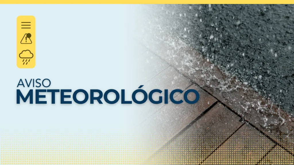 Arte da Defesa Civil de Santa Catarina com o título Aviso Meteorológico e foto de chuva forte caindo sobre a calçada